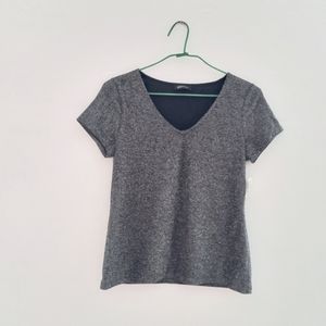 Sparkle V Neck Silver Metallic Dress Shirt Short Sleeve Large